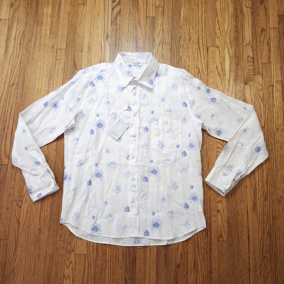 Gran Sasso Mens Linen Button Down Shirt Size 52 NEW White Floral Luxury - Picture 1 of 9